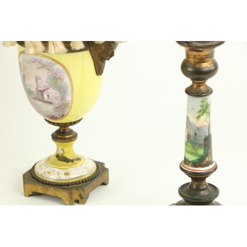 892 - A pair of attractive yellow ground German porcelain and brass mounted Vases, adapted as table lamps ... 