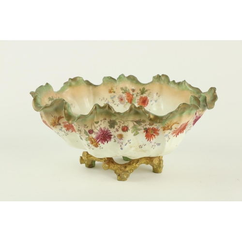 905 - A colourful Moore Brothers porcelain floral decorated Centre Bowl, on gilt rustic base, 11 1/2