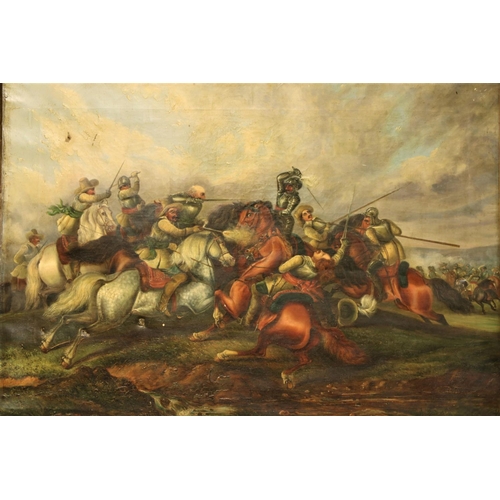 952 - 18th Century Irish School'Powerful Battle Scene with fallen Soldiers on Horseback,' O.O.C., possibly... 