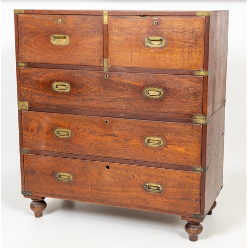 997 - A two part brass bound Secretaire Military Chest, with two frieze drawers, one with a drop front rev... 