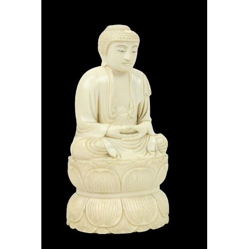 296 - WITHDRAWNA 19th Century carved ivory Figure, modelled as a seated Buddha in prayer, with lotus leaf ... 