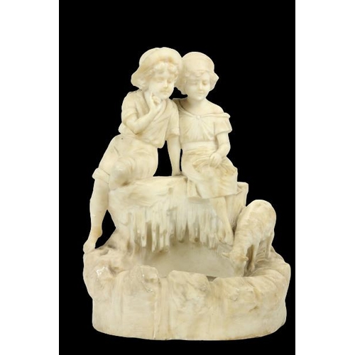 405 - A. CiprianiA white marble Group, modelled with young boy and girl with lamb by a fountain, 16