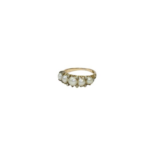 782 - An attractive gold Ring, by West & Son, Dublin, with band of five pearls (some natural) and nine... 