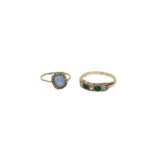 784 - A 9ct gold Ring, (no hallmarks) with white and green stones; and a gold Ring (broken) with central o... 