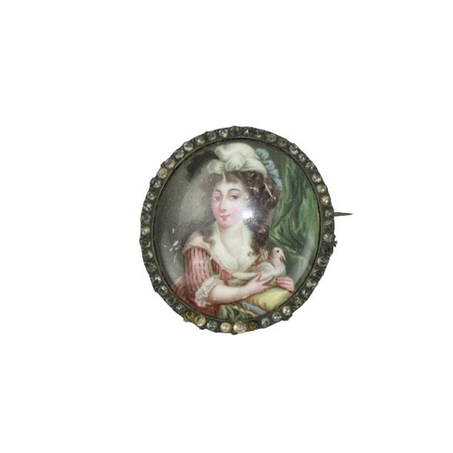 821 - 18th Century French EnamelMiniature: A fine small circular Brooch, with painted scene of 'Young girl... 