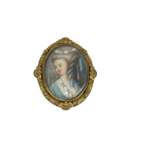 822 - 19th Century French SchoolMiniature: A small oval miniature on paper, 'An elegant young lady with lo... 