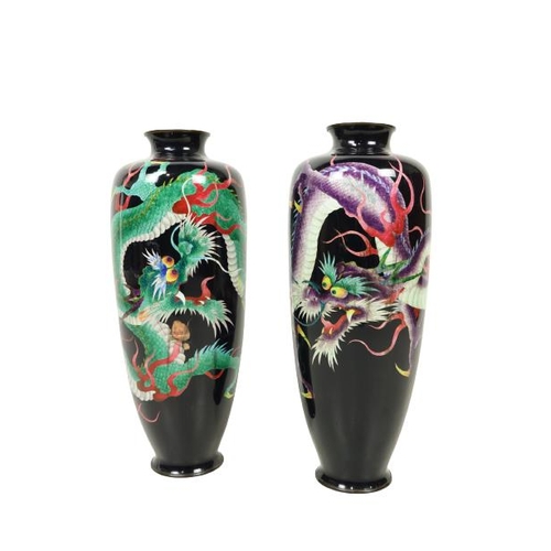 289 - A pair of large attractive 19th Century Japanese cloisonné tall Vases, each on dark blue ground with... 