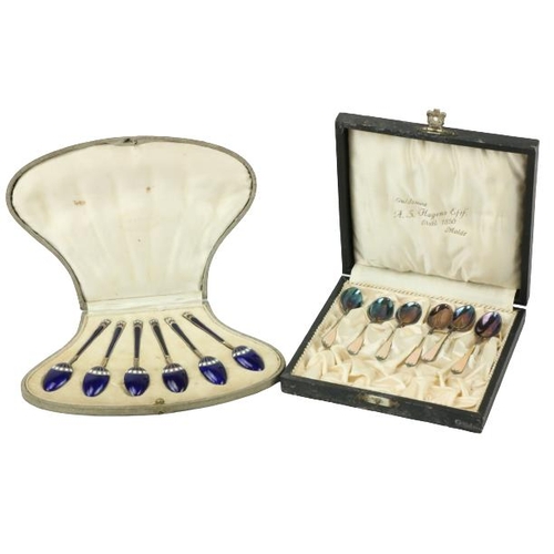 649 - A very attractive cased set of 6 Art Deco blue enamel and silver gilt Coffee Spoons, together with a... 