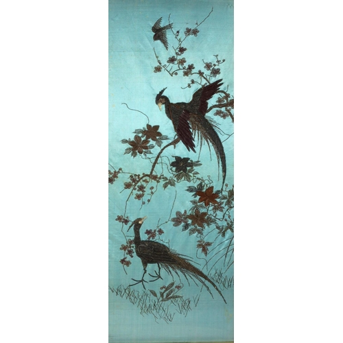 1200 - Two attractive 19th Century embroidered Japanese Wall Hangings, each with exotic birds on sky blue b... 