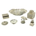 A pierced Japanese silver Export Bowl, 568gr. a square Japanese Export silver Inkstand, with dragon ... 