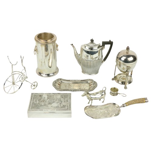 623 - Plateware:  Bottle Holder, Coffee Pot, an Eggler, a rectangular Cigar Box, a Cow Creamer, etc. (a lo... 