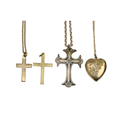 767 - An engraved Locket, with gold chain, a gold link Chain with crucifix and two other crucifix pendants... 