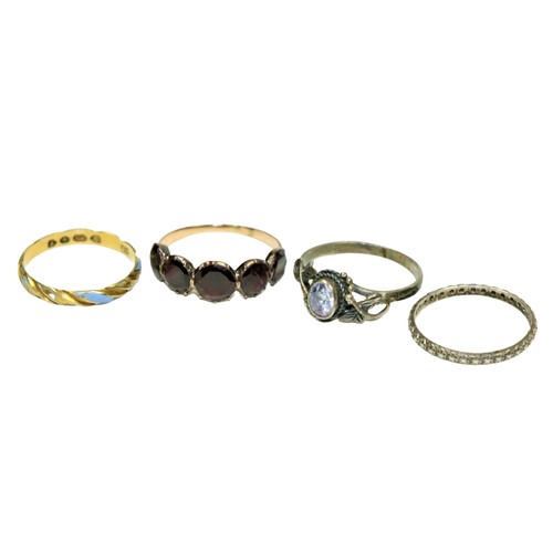 790 - A five stone garnet Ring, and three other varied Rings. As a lot, w.a.f. (4)