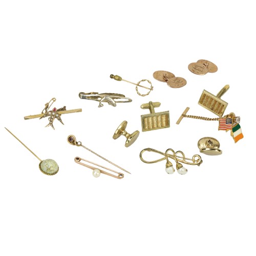 797 - A collection of gold Tie Pins and Cufflinks, some with pearl insets, as a lot, w.a.f. (1)... 