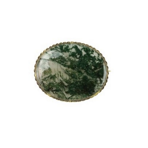 746 - A 19th Century oval Brooch, the inset painted with view of Mountainous Lake Scene, horse drawn carri... 