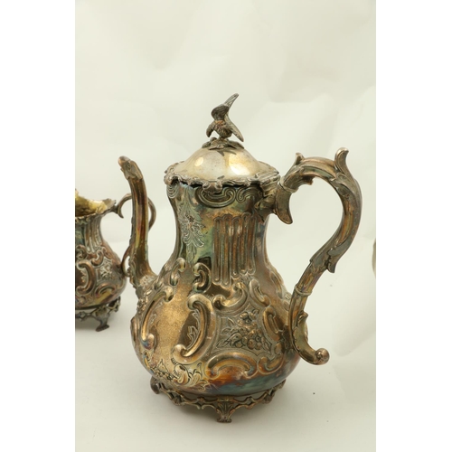 12 - A four piece silver plated Tea and Coffee Service, comprising: a coffee pot with bird finial on a pe... 