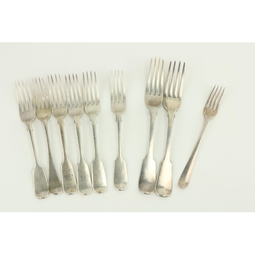 120 - A set of 3 Victorian silver fiddle pattern Forks, three other Victorian Forks, two Georgian Forks, a... 