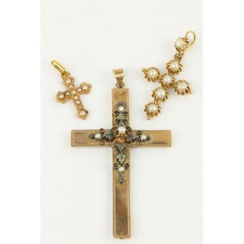 234 - An attractive small cased gold Crucifix, with seed pearls; and two smaller similar ditto. A lot. (3)... 