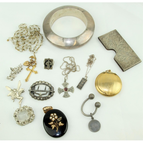 240 - Varied Jewellery etc:  A gold and crystal Rosary Beads; small silver Chain and Ingot; a large silver... 