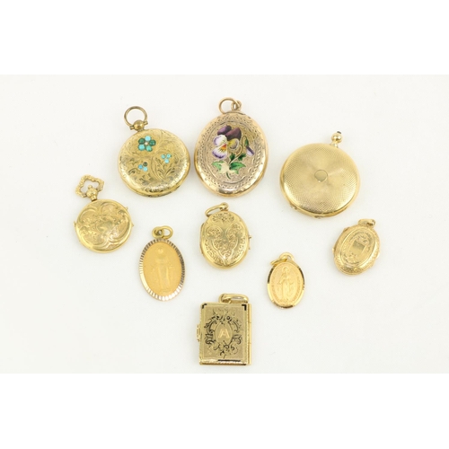 242 - Seven small engraved and decorated Lockets, mostly gold, and two miraculous Medals. As a lot, w.a.f.... 