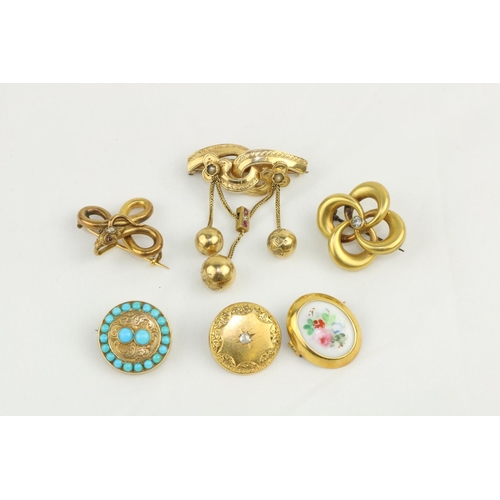 244 - Six small gold Brooches, three decorated with diamond chips, one with turquoise stones and one with ... 