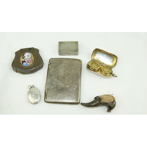 247 - An attractive small engraved Ladies Purse, with inset oval enamel plaque of two ladies; a silver Car... 