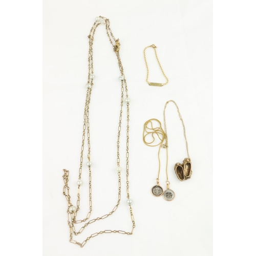 250 - A gold Necklace, with 11 pearl decorations; a small gold Chain with ballet shoes; another small gold... 