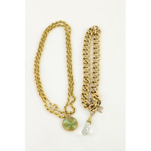 252 - A small gold Necklace, with clover pendant; and a gold link Bracelet with small crystal charm. (2)... 