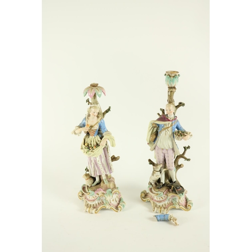 371 - A pair of 19th Century Meissen figural Candlesticks, both as is, one modelled as an elegant Gentlema... 