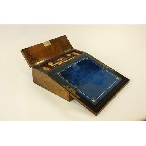 384 - A good Victorian Ladies burr-maple Lap Desk, with ornate Gothic style brass strap work, 14