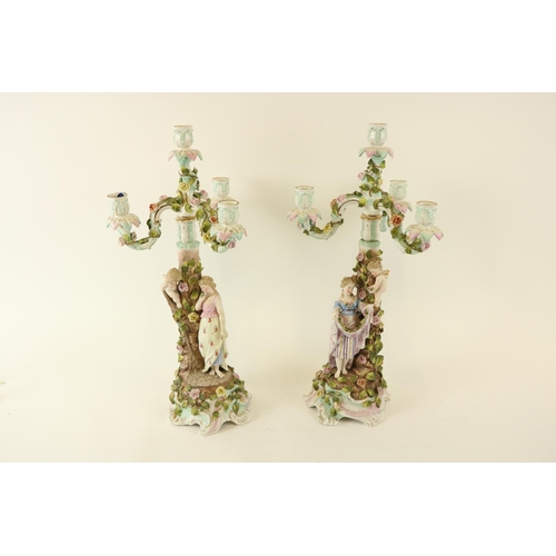 388 - A good large pair of Sitzendorf porcelain three branch - four light Candelabra, late 19th Century, e... 