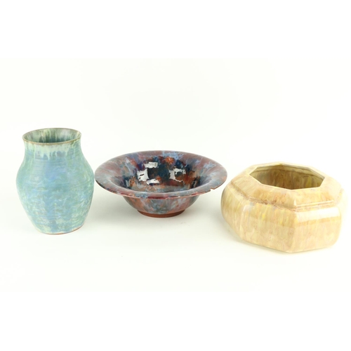 400 - An octagonal Carrigware Bowl, a light blue Carrigaline pottery Vase, and an Art Pottery candy colour... 