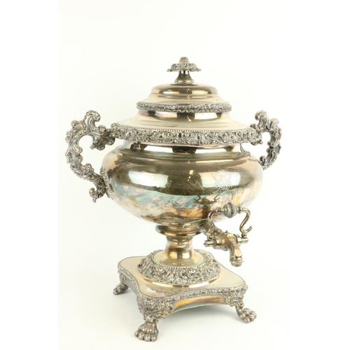 5 - A good William IV period heavy silver plated and crested Tea Urn, with two ornate leaf cast handles,... 