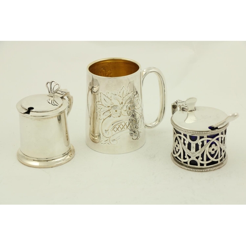 69 - A small silver Christening Mug, London 1927, together with a small Birmingham silver Mustard Pot wit... 