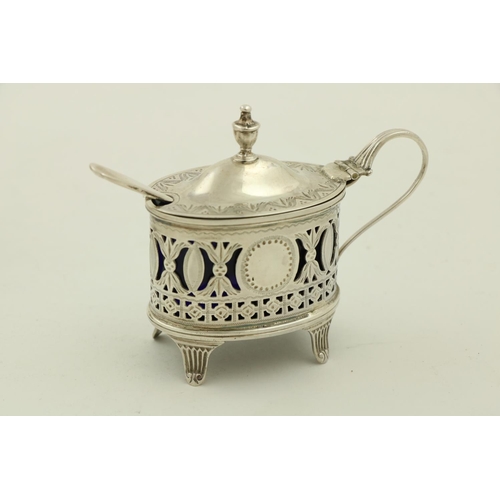 71 - An oval bright cut and pierced silver Mustard Pot, in the Adams style, Birmingham 1892, another cyli... 