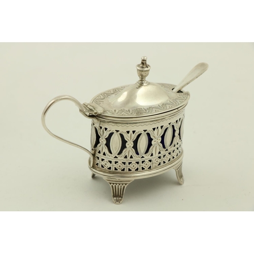 71 - An oval bright cut and pierced silver Mustard Pot, in the Adams style, Birmingham 1892, another cyli... 