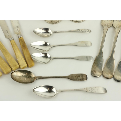 80 - A set of 6 heavy English Georgian silver Dinner Forks, London 1817; a set of 5 Birmingham silver bon... 