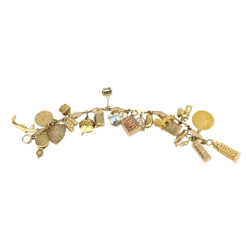 224 - An attractive gold Charm Bracelet, with 21 charms, including a shield back half sovereign (1832), li... 