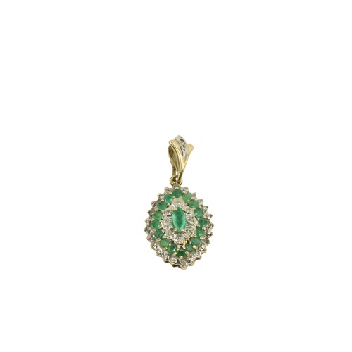 238 - An attractive Ladies gold set cluster diamond and emerald Necklace Drop, of oval form, approx. 3cms ... 