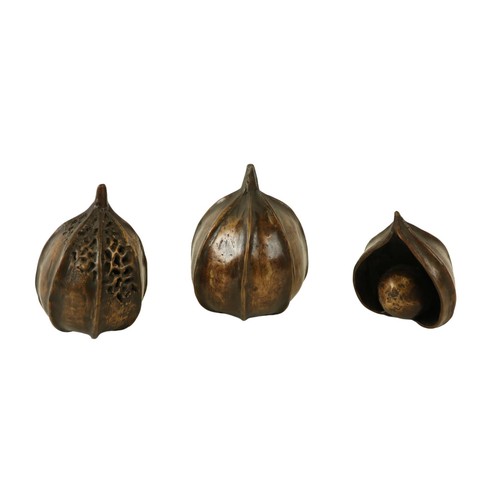 393 - A set of 3 modern bronze Studies of Figs, one signed with initials N.V. and dated 1910, one opening ... 