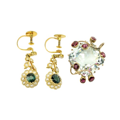 223 - A pair of attractive Ladies drop Ear-rings, of floral design inset with seed pearls and green tourma... 