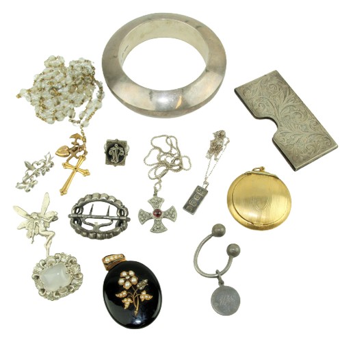 240 - Varied Jewellery etc:  A gold and crystal Rosary Beads; small silver Chain and Ingot; a large silver... 