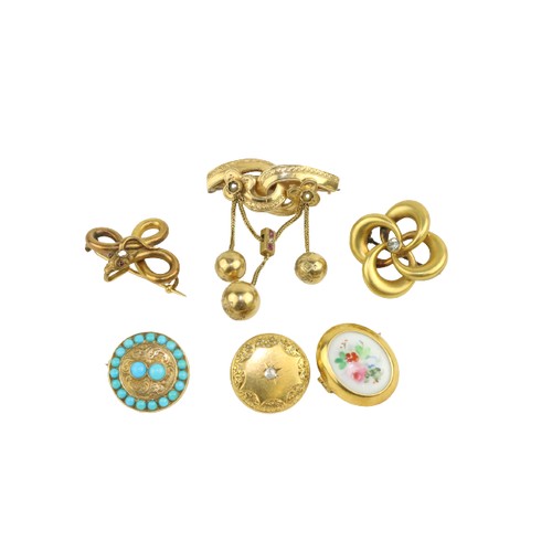 244 - Six small gold Brooches, three decorated with diamond chips, one with turquoise stones and one with ... 