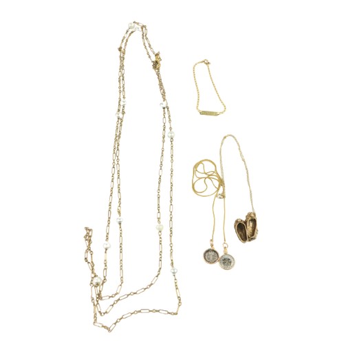 250 - A gold Necklace, with 11 pearl decorations; a small gold Chain with ballet shoes; another small gold... 