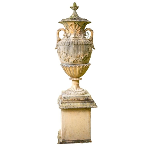 1003 - A massive pair of terracotta coloured composition stone Garden Urns, covers and plinths, 228cms x 61... 