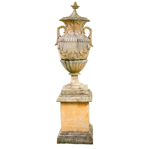 1003 - A massive pair of terracotta coloured composition stone Garden Urns, covers and plinths, 228cms x 61... 