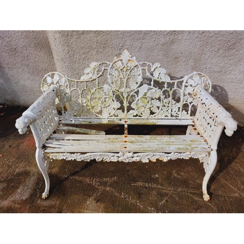 1005 - A fine quality Suite of 3 Coalbrookdale type oak leaf design cast iron two seater Benches, with houn... 