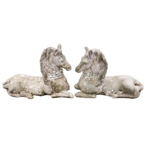 1016 - A pair of attractive 19th Century sandstone Figures, of opposing reclining horses, each approx. 92cm... 