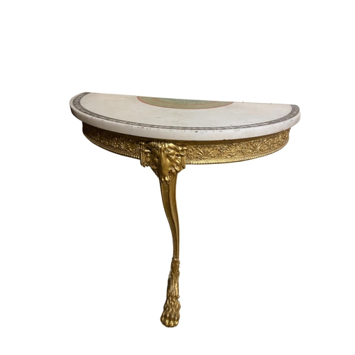 616 - An attractive 19th Century giltwood demi-lune Console Table, with a painted marble top on front sing... 