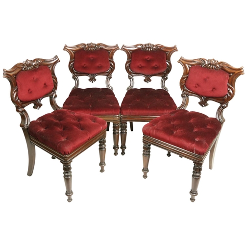 619 - A set of 4 Victorian mahogany Side Chairs, each with a cartouche shaped back with upholstered centre... 